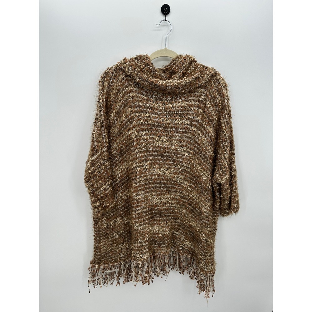 Ryu Womens Brown Cream Fringed Cowl Neck Eyelash Knit Poncho Sweater M/L Boho - Picture 3 of 8